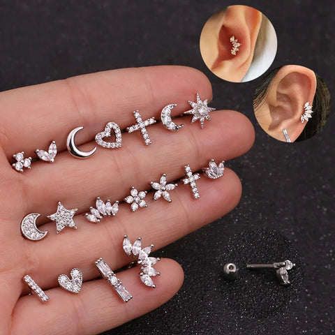 1Pc Gold And Silver Color CZ Cartilage Stud Earring For Women Girls Moon Star Conch Tragus Stud Helix Ear Piercing Jewelry