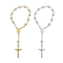 Catholic Cross Finger Chain Mini Rosary Finger Baptism Rosaries Faux Pearls Bracelet for Baptism Favors Christening